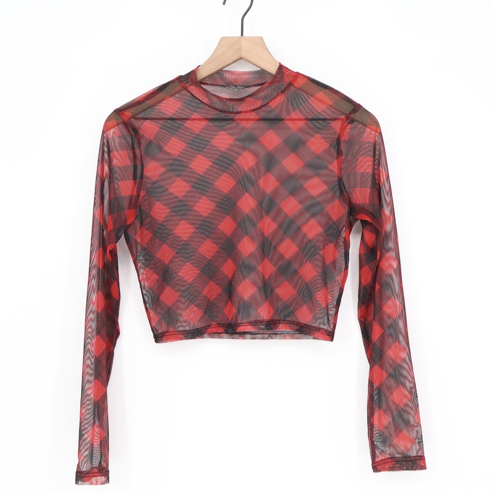 Lily Rose Crop Top Womens S Mesh Buffalo Plaid Red Black Sheer Excellent
